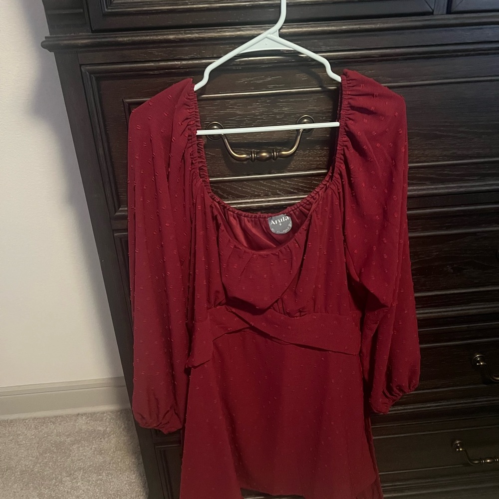 ARULA Burgundy Mini Dress with Dotted Texture